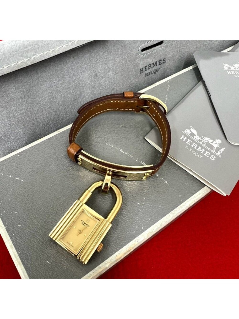 Hermes Vintage Kelly Watch Courchevel Wrist Gold Brown